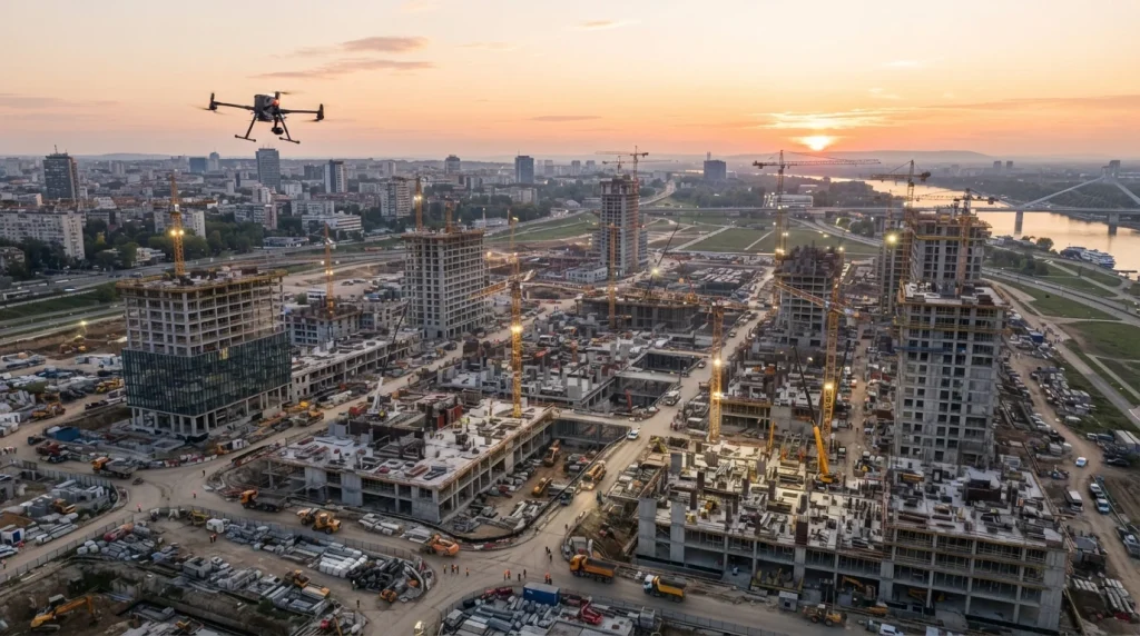 Dron snima gradilište iz vazduha, prikazujući napredak i celokupan plan projekta.