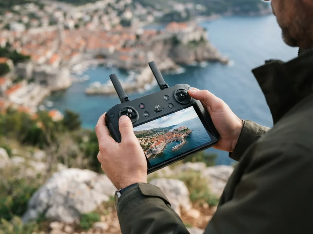 Kontroler drona prikazuje snimak iz vazduha, naglašavajući kvalitet i kontrolu agencije za snimanje dronom.