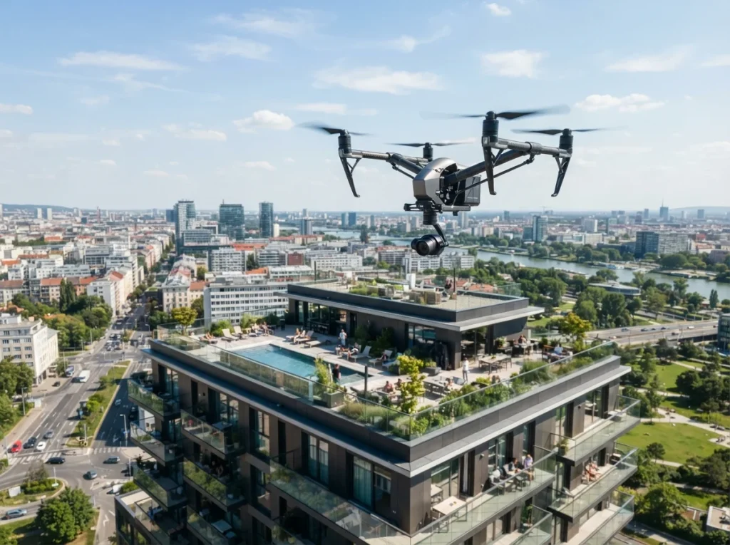 Close-up of a drone capturing detailed shots of a modern building, essential for effective real estate drone video marketing.