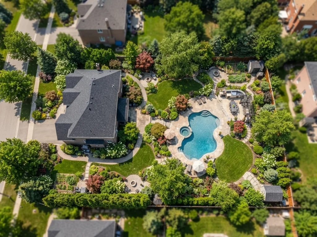 Overhead drone view highlighting the intricate landscaping and outdoor features of a family home for real estate marketing.