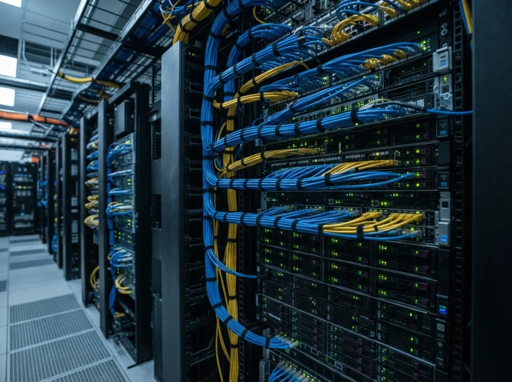 Detalj server ormana sa mrežnim kablovima i indikatorima, koji predstavljaju tehničku pozadinu održavanja sajta.