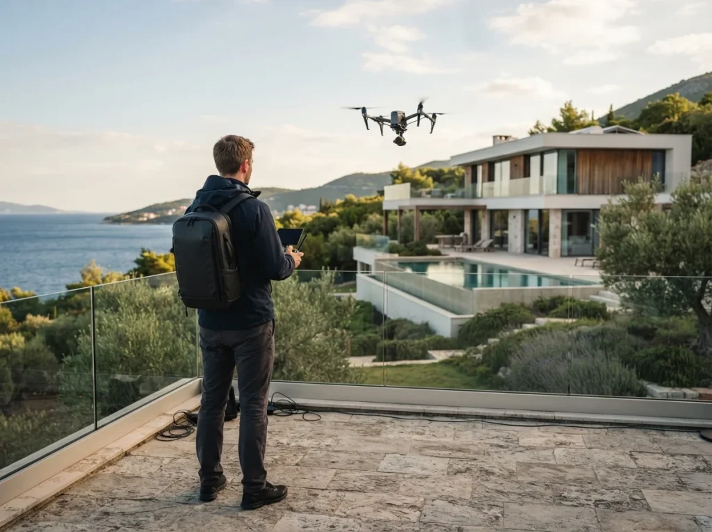 A drone pilot operates a professional drone, preparing for aerial photography of a luxury villa.