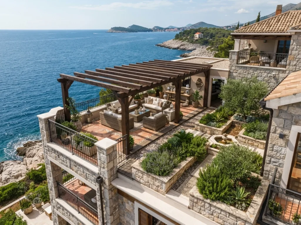 Detailed aerial shot highlighting the elegant rooftop design and manicured gardens of a luxury villa, captured by drone.